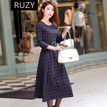 RUZY秋装复古格子长裙连衣裙 图片色 XL
