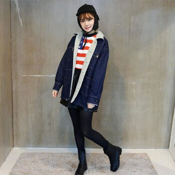 【阿美氏】JQ1/955女装羊羔绒牛仔大外套风衣.秋冬复古宽松翻领长袖.加大码加绒加厚长款 图片色 L码/大码