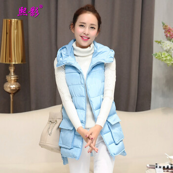熙影 马甲女款2015秋装新款 修身羽绒服冬中长款连帽背心 杏色 L
