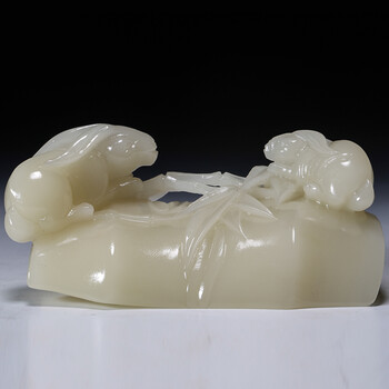 藏出 古董品 寿山石芙蓉石 精細彫刻 筆洗 文房具 長25 幅14