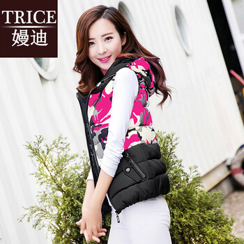 trice2016秋冬新款 羽绒棉外套女 加厚短款修身坎肩背心连帽上衣迷彩马甲女MD868 粉色 L