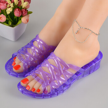 拖鞋女夏坡跟凉拖鞋老式硬底透明塑胶室外半拖鞋水晶果冻拖鞋qss 紫色