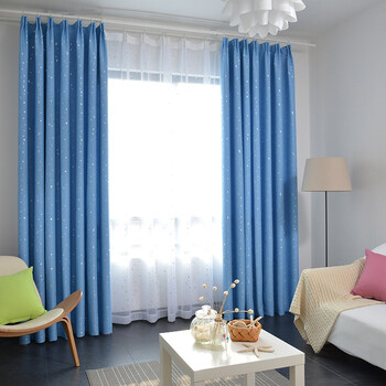 窗帘简约现代双层窗帘遮光星星纯色纱帘窗帘卧室客厅窗帘成品 天蓝色