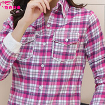 斯克芬奇2015秋冬新款加绒加厚长袖格子衬衫 女CS8002 玫红 L