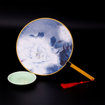 古典汉服cos舞蹈扇复古风宫廷扇子团扇刺绣圆扇宫扇古代扇女扇 青色