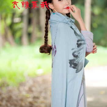 红晶灵2016新款森女风仙女范民族中国风原创手绘印花围巾披肩9315 蓝色