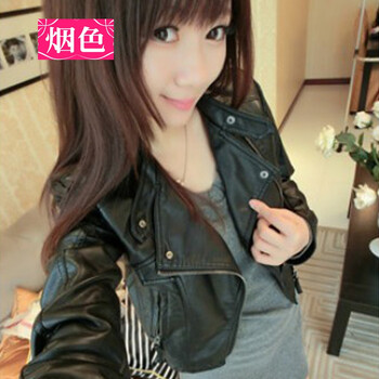 斯番陈 皮衣女短款修身2014秋装新款女装 欧美显瘦修身机车服小皮衣 长袖短款皮夹克外套潮 黑色 M