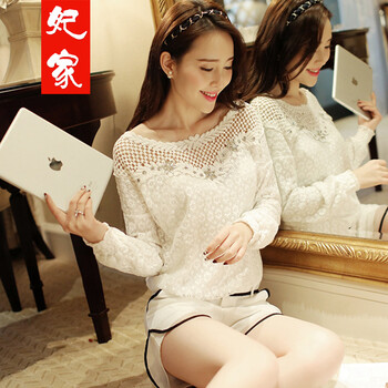 妃家 女装春装韩版甜美蕾丝拼接雪纺衫长袖短款宽松白色打底衫 白色 XL