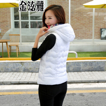 金泫雅2015秋冬新款轻薄款羽绒服马甲女修身短款连帽外套 白色 XXL