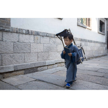 新款棉麻国学服书童演出服儿童古装小书生装汉服宁采臣背篓摄影服