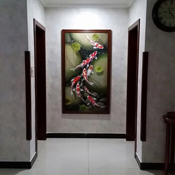 
                                                            油画玄关装饰画九鱼图竖版现代客厅壁画中式风水欧式手绘定制挂画 A款W03A裂纹银 60*120                