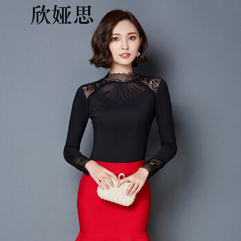 欣婭思 2015秋冬厚加绒韩版修身女大码网纱显瘦百搭蕾丝打底衫长袖T恤女 黑色 L