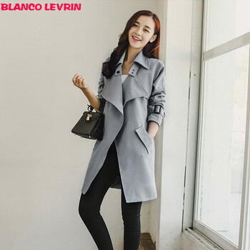 BLANCO LEVRIN2015秋装上新韩版修身中长款系带风衣外套女1950 灰蓝色 M