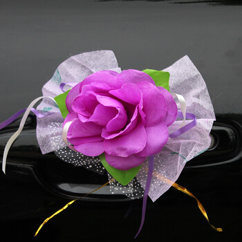 结婚婚庆用品副婚车装饰仿真花有吸盘后视镜手把花车门花 扎金花紫色1