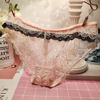 粉色少女系 欧美蕾丝透明舒适冰丝网纱内裤女 性感三角裤纯棉档 粉色