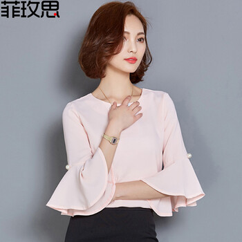 菲玫思  大码女装喇叭袖雪纺衫女短袖2016夏新款  WS1631 水粉 XXL