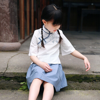 女童民国风套装夏装宝宝民国服装童装中国风小女孩旗袍装儿童汉服 白