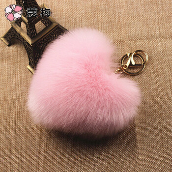 爱心狐狸毛毛球包包挂件毛绒仿皮草汽车钥匙扣心形包包挂饰 粉色