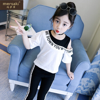 品牌女童上衣夏季2018新款潮中大童短袖体血衫小学生时尚儿童斜肩t恤9