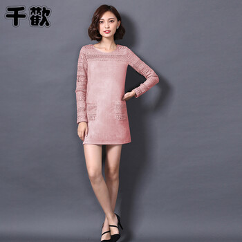 千歡2015冬季新款加厚加绒长袖t恤女中长款蕾丝打底衫女 粉红色(加绒加厚) L