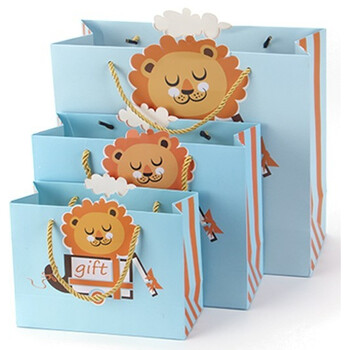 卡通礼物包装袋子可爱手提袋纸袋生日回礼袋子 浅蓝色狮子 小号19*14*