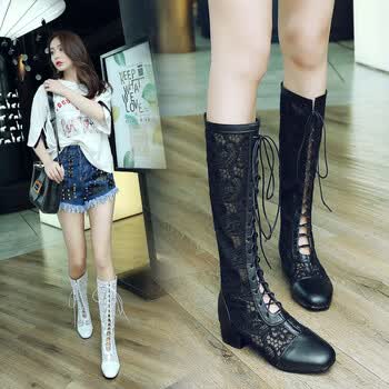 中跟凉鞋女夏季2018新款黑色性感镂空粗跟长筒网靴女绑带罗马凉靴女大