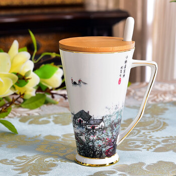 水杯大容量 复古创意简约陶瓷家用咖啡茶杯子带盖勺 水墨渔家大唐杯
