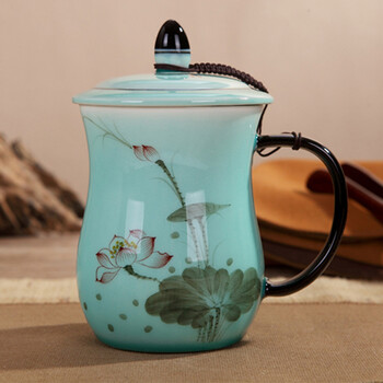 景德镇陶瓷器 大号陶瓷办公杯个人杯茶杯老板杯带盖 手绘青瓷茶杯办公