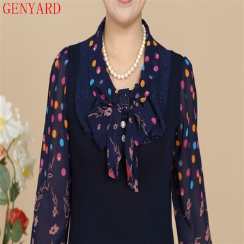 GENYARD2015中老年女装秋装新款雪纺印花长袖女妈妈装上衣 黑色 XXL