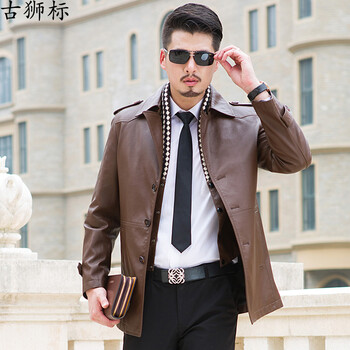 古狮标混合皮衣男士整皮绵羊皮商务可拆卸两件克翻领风衣皮外套 咖啡