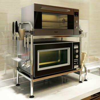 不锈钢厨房微波炉置物架烤箱架子2层家用多功能落地菜板收纳用品 单层