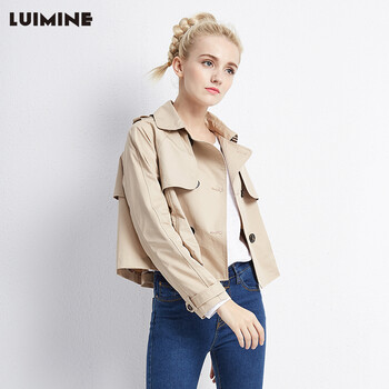 LUIMINE秋冬新款女装长袖外套短款上衣棉质风衣 卡其色 M