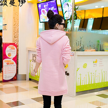颂曼伊 2015秋冬新款韩版中长款修身加厚长袖连帽套头卫衣女 3898 粉红色 M