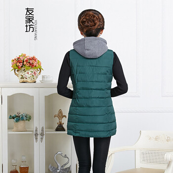 友家坊 中老年女装中长款棉服秋冬季 2015新款马甲厚款无袖连帽拉链妈妈装休闲外套 绿色 4XL 建议体重150到165斤