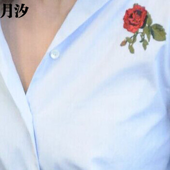 月汐2015杨幂明星时尚机场同款 蓝色玫瑰肩膀绣花衬衫Y6371 蓝色衬衫+牛仔短裙 M