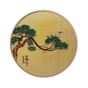 手绘油画实木圆形挂画新中式客厅装饰画壁画玄关水墨禅意画迎客松 d款