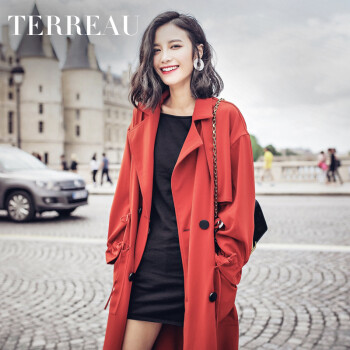 
                                        TERREAU黛璐欧美风翻领双排扣抽绳宽松中长款风衣外套女时尚英伦大衣 砖红 均码                
