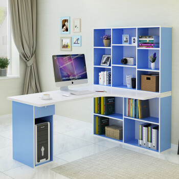 转角电脑桌台式书桌书柜书架组合办公桌写字台家用学习桌子 蓝色 a款