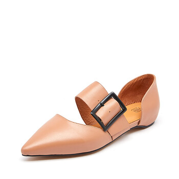 雅图(boyatu)新款时尚女鞋尖头平底牛皮一字式方扣优雅单鞋女 豆沙黄