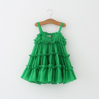 女童雪纺连衣裙2017夏装新款薄1-7岁宝宝公主裙儿童木耳边吊带裙 绿色