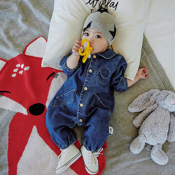 新生儿爬爬服3-6-12个月新生儿连体衣服秋季长袖宝宝牛仔连体衣 蓝色