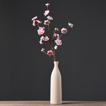 仿真桃花枝假花绢花客厅餐桌花瓶花插摆放花卉婚庆花艺单枝短 米白