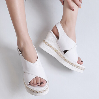 man品牌松糕凉鞋女夏真皮厚底高跟鞋百搭舒适草编鱼嘴坡跟凉鞋潮 白色