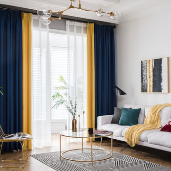 窗帘布遮光卧室ins拼接棉麻风客厅全遮光窗帘成品简约现代lbb 蓝拼黄