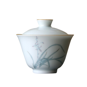 【中秋拼惠】青白釉紫金边手绘兰花盖碗三才碗泡茶碗敬茶碗功夫茶具