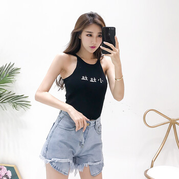 珂梵图小姐姐印花无袖修身小背心t恤女2018夏季新款百搭短款露脐上衣