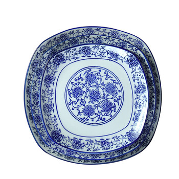 青花瓷浅盘子陶瓷平盘正方形四角浅盘意面圆盘点心盘