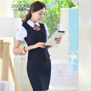蔸莱芭 2015春职业西装女式马甲套装女士银行工装工作服薄款马夹背心 深蓝色马甲+裙子 XL