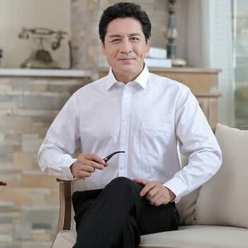 夏季爸爸装长袖衬衫中年男士薄款白衬衣中老年人防晒纯色休闲寸棉