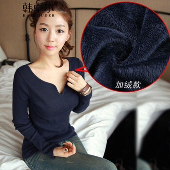 韩卓尔 2015修身韩版显瘦加厚保暖长袖t恤女纯色性感V领衫X3034 黑色 M